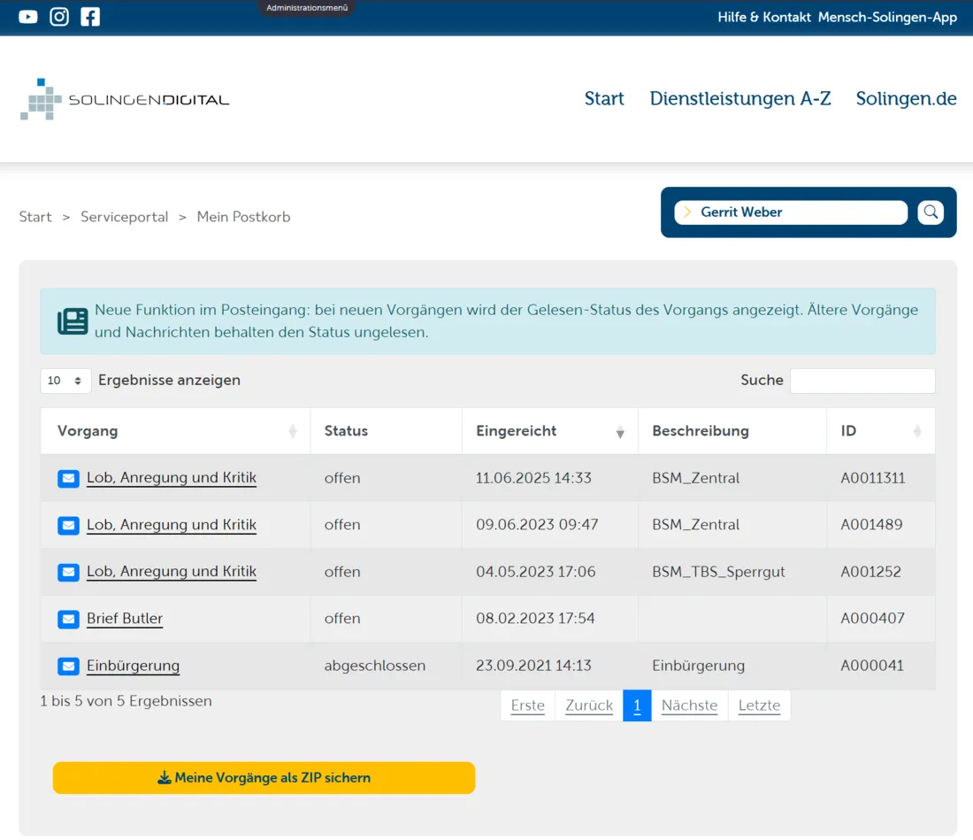 Kommunalportal – Vorgangsübersicht